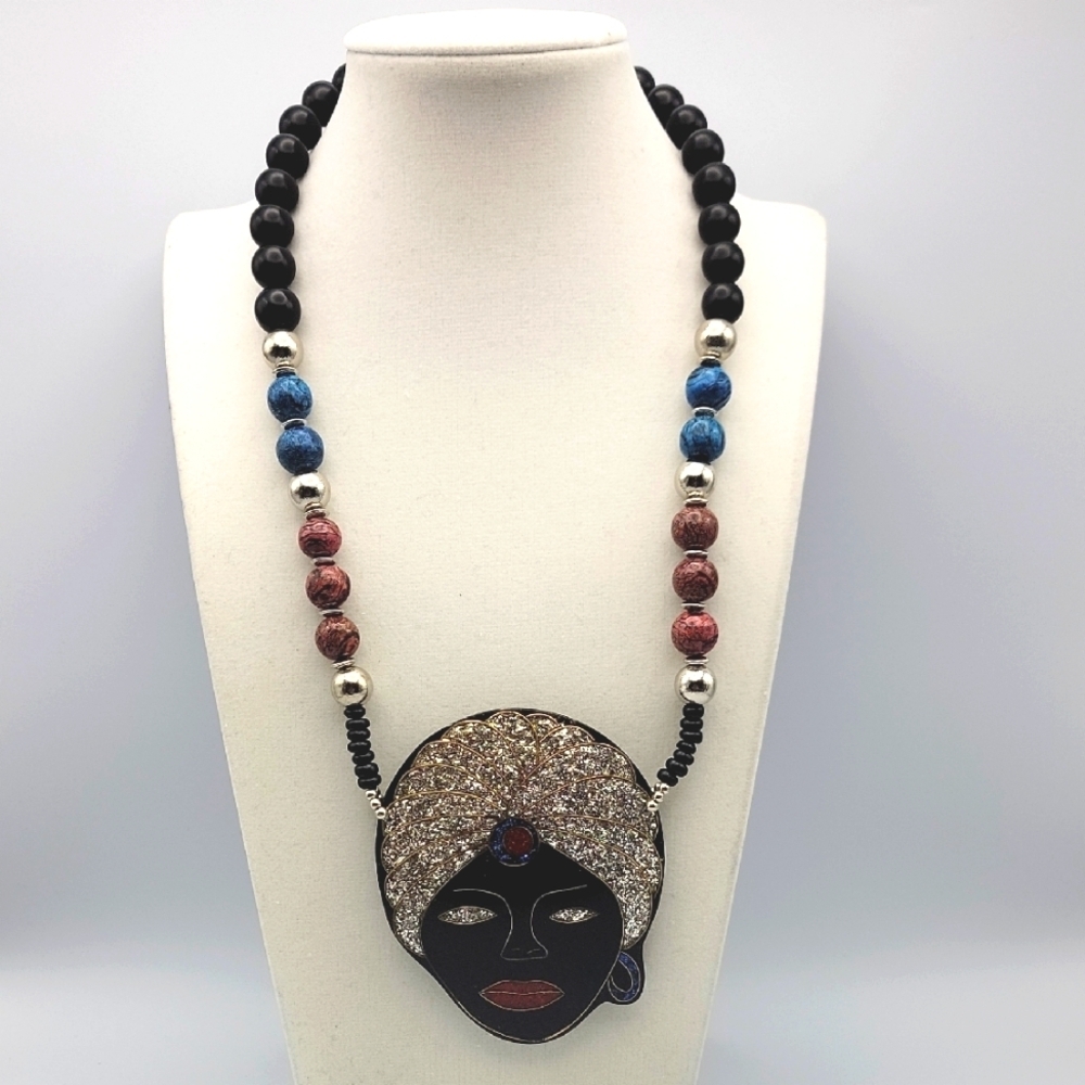 RARE Fortune Teller Gypsy Sultan Beaded Head Pendant Necklace Silver Tone NEW